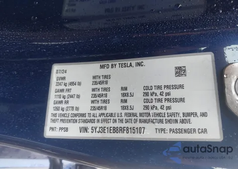 2024 Tesla Model 3 Long Range Dual Motor All-Wheel Drive from USA, damaged, VIN 5YJ3E1EB8RF815107
